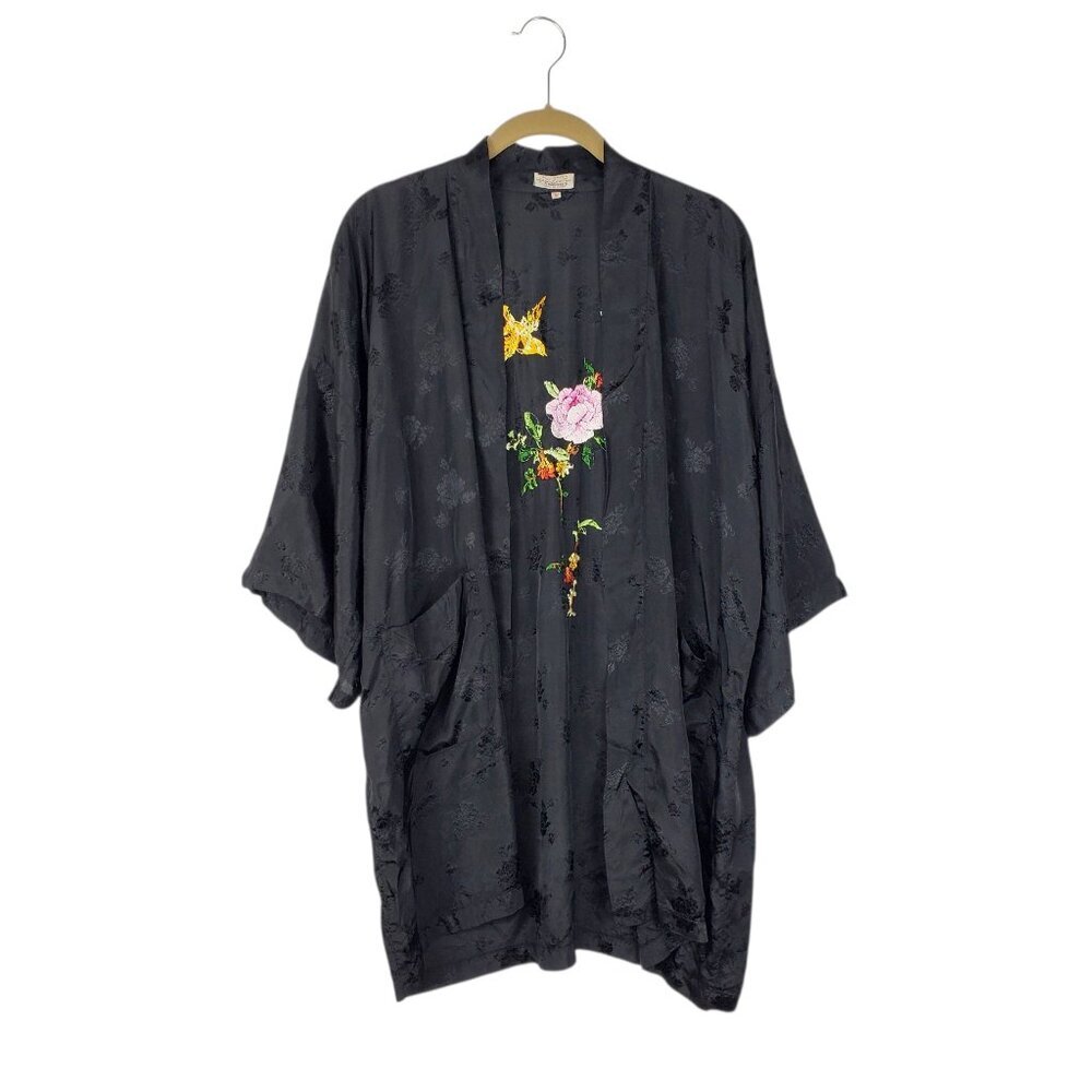 Golden Bee Vintage Black Silky Rayon Robe Kimono Embroidered Floral Bird Small